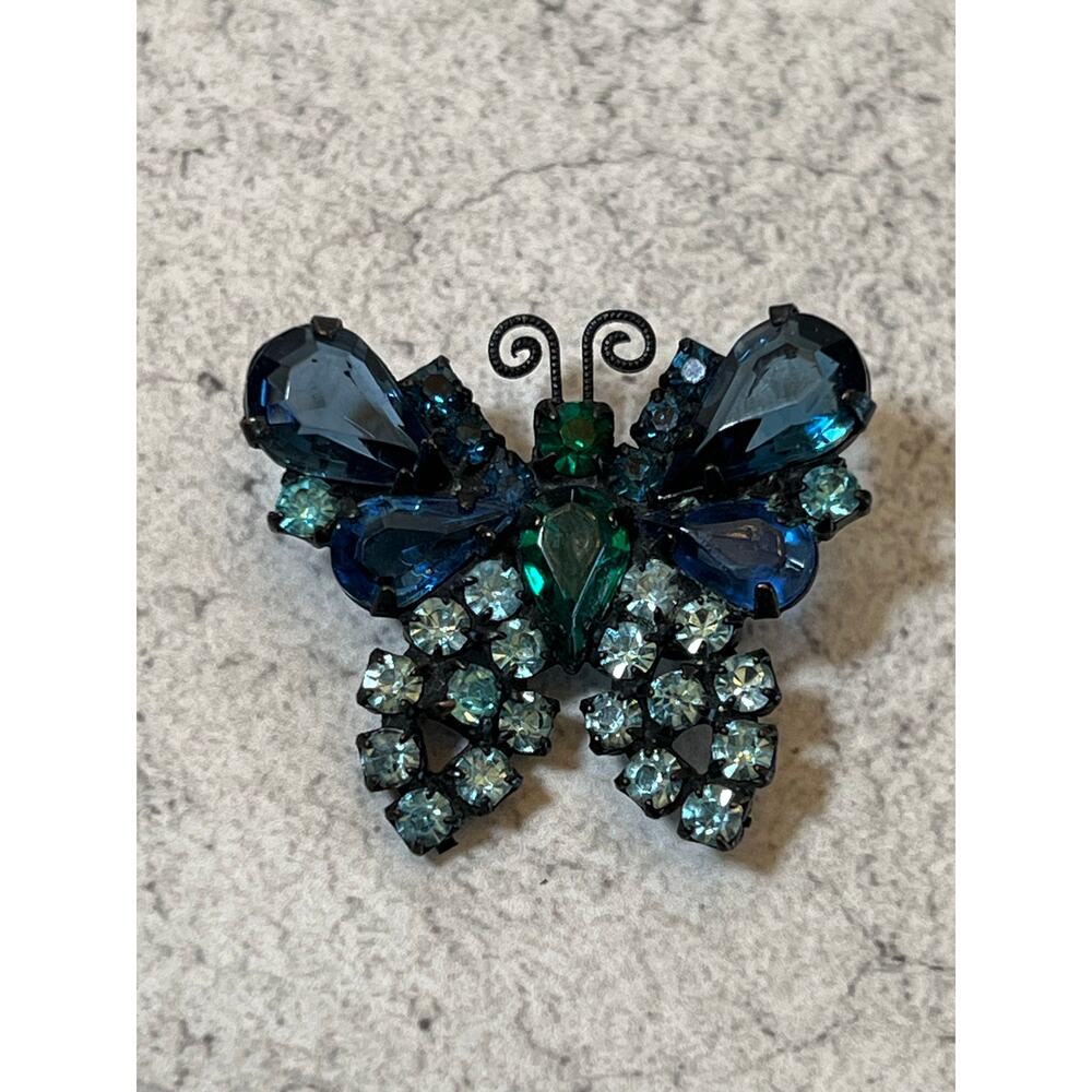 Vintage Weiss sign butterfly brooch blue green turquoise gunmetal pin figural - Picture 3 of 5